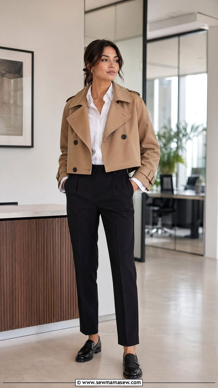 Cropped Trench Coat with a White Button Down - 35 cropped trench outfits for women