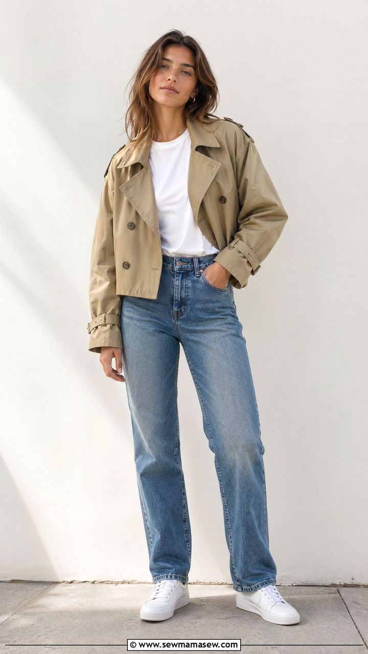 Cropped Trench Coat with a White T Shirt - 35 cropped trench outfits for women