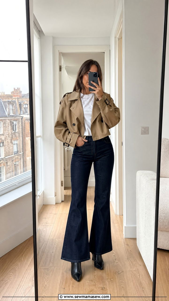 Cropped Trench Jacket With Flared Jeans And Heeled Boots - 35 Spring London outfit ideas