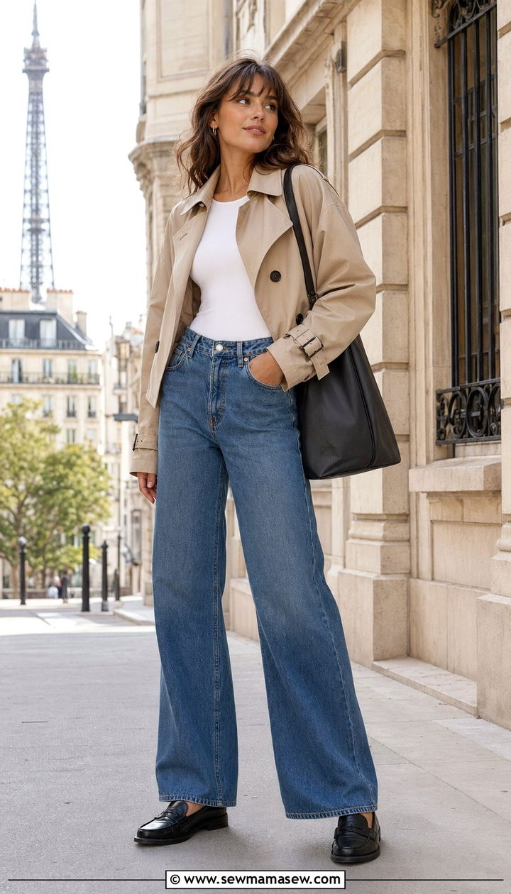 Cropped Trench Jacket With Wide Leg Jeans and Loafers - 35 Parisian spring outfit ideas