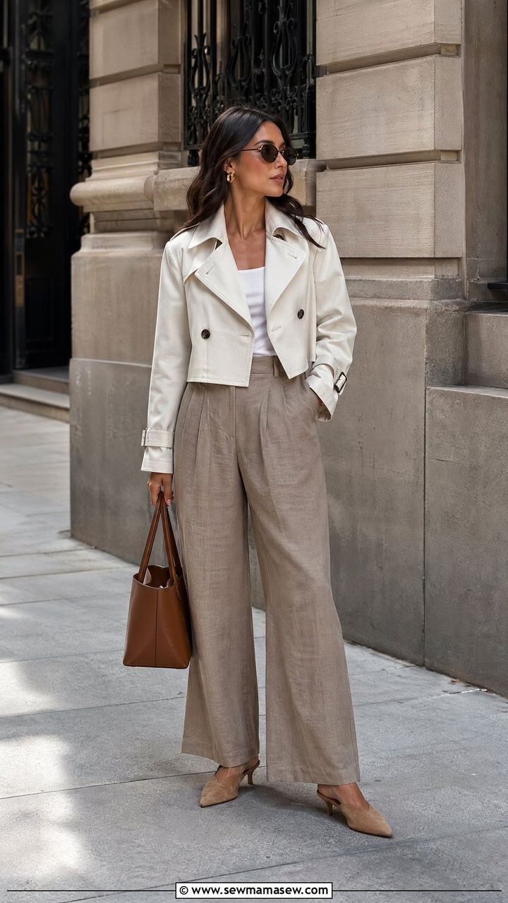Cropped Trench Jacket With Wide Leg Linen Trousers And Mules - 35 classy summer to fall outfits