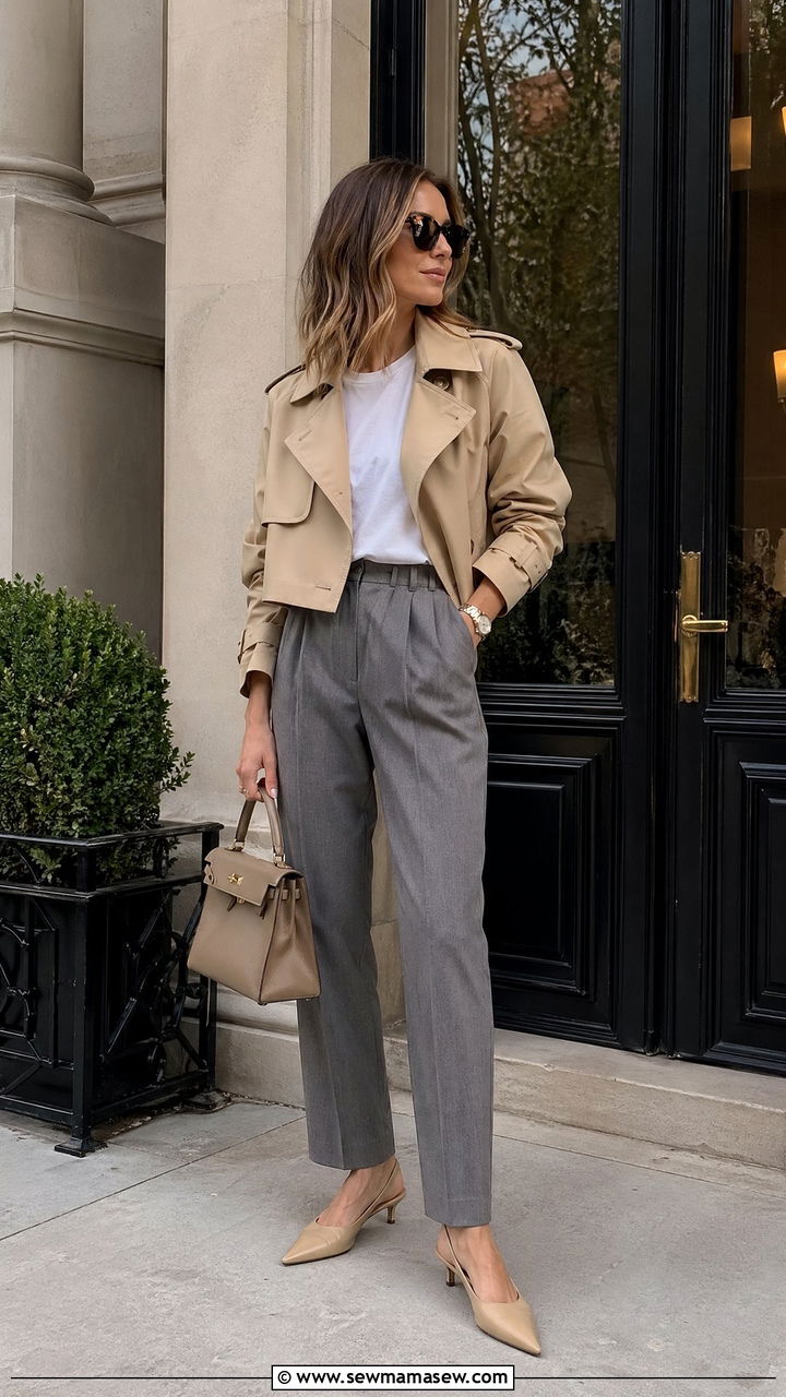 Cropped Trench Jacket with Tapered Trousers - 35 Summer transition outfits for women