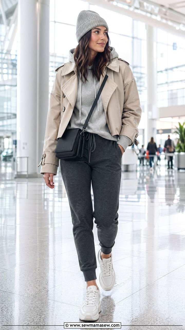 Cropped Trench With Joggers and a Hoodie - 35 cute cropped trench outfits