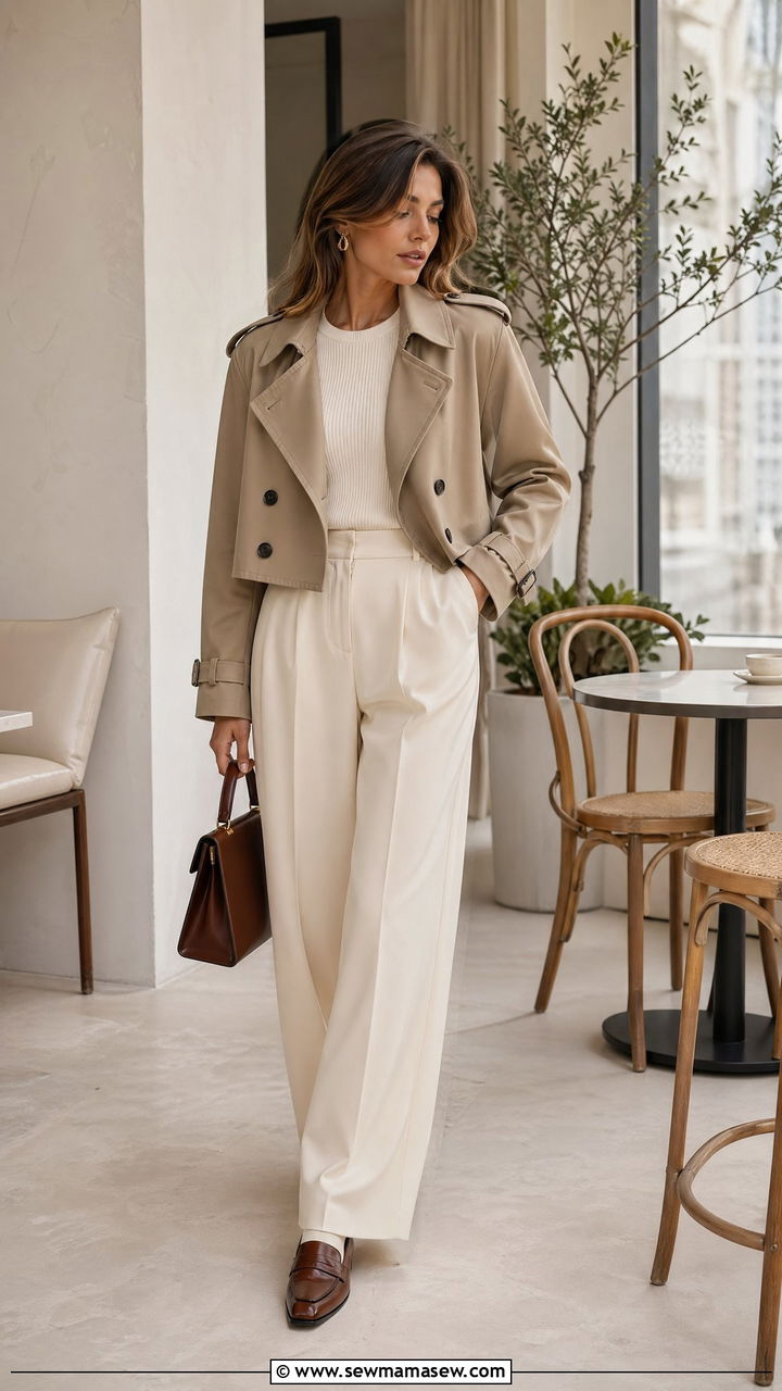Cropped Trench With Monochrome Cream Separates - 35 cute cropped trench outfits