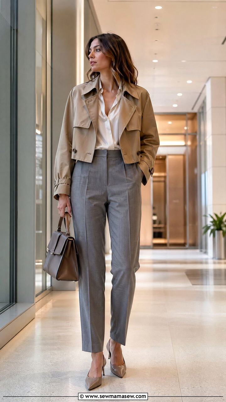 Cropped Trench With Tailored Trousers and a Blouse - 35 cute cropped trench outfits