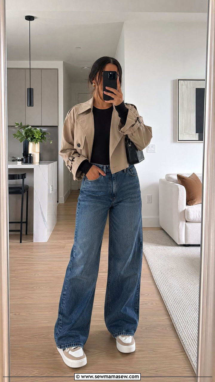 Cropped Trench With Wide Leg Jeans and a Bodysuit - 35 cute cropped trench outfits