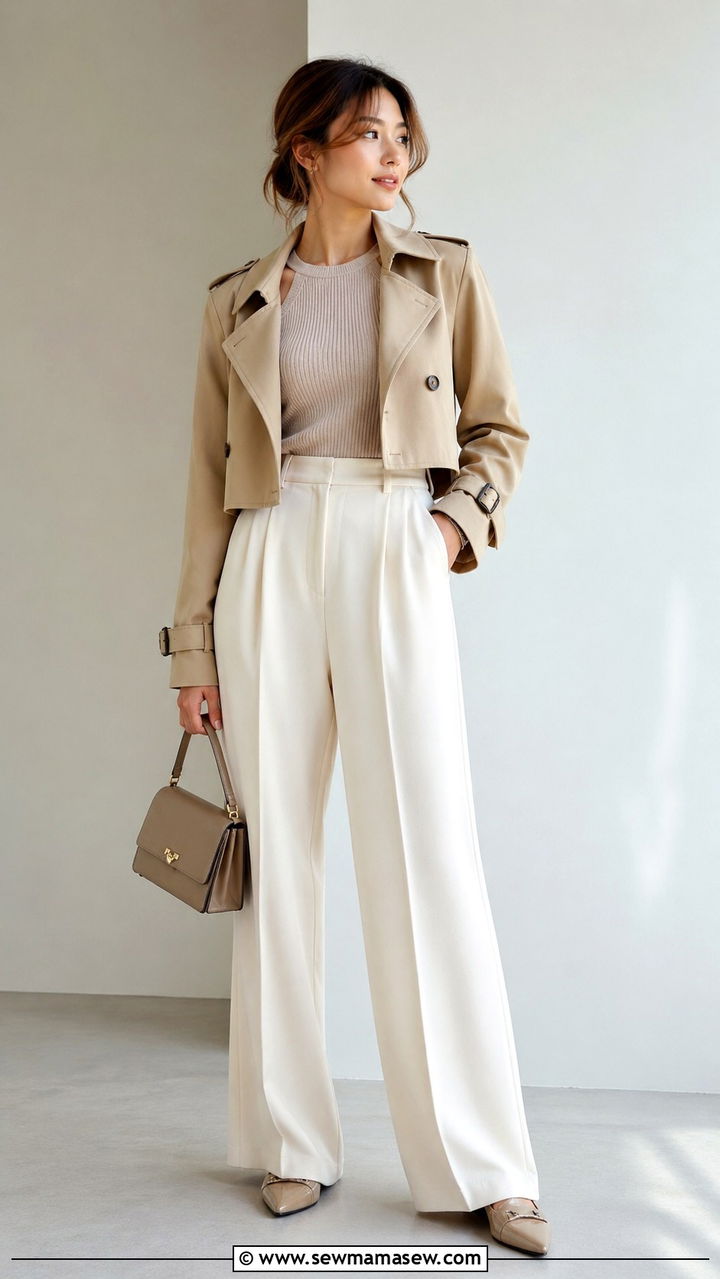 Cropped Trench With Wide Leg Pants Outfit Petite - 30 Spring capsule wardrobe for petite women