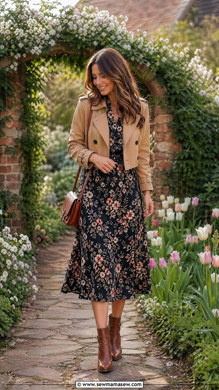 Cropped Trench With a Floral Midi Dress - 35 cute cropped trench outfits