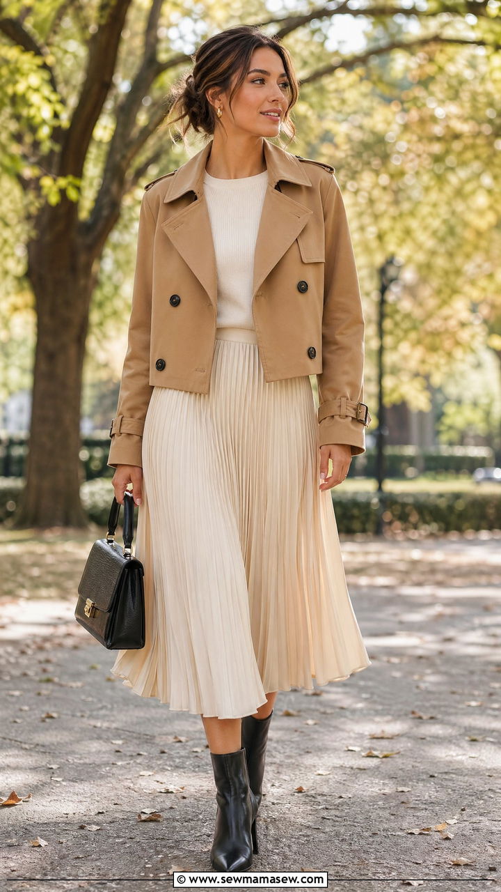 Cropped Trench With a Midi Skirt and Ankle Boots - 35 cute cropped trench outfits