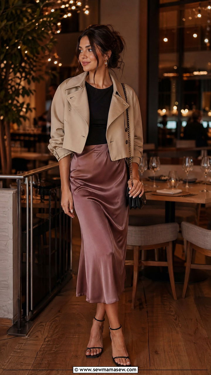 Cropped Trench With a Satin Midi Skirt - 35 cute cropped trench outfits