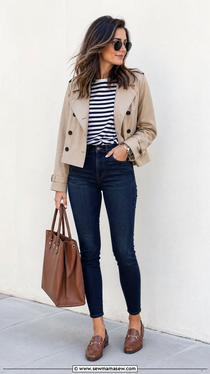 Cropped Trench With a Striped Shirt Preppy - 35 cute cropped trench outfits
