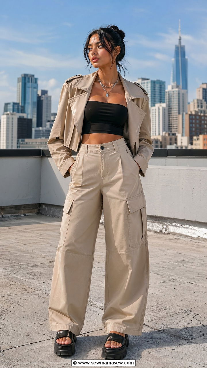 Cropped Trench With a Tube Top and High Waist Cargos - 35 cute cropped trench outfits