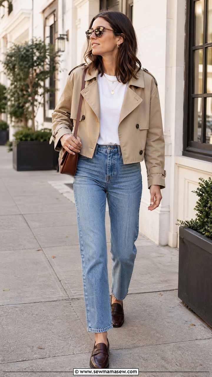 Cropped Trench and High Rise Straight Jeans Outfit - 35 transitional classy outfit ideas