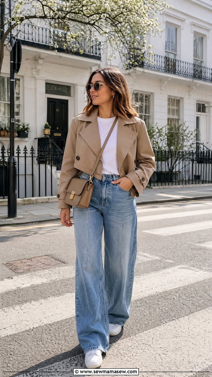 Cropped Trench and Wide Leg Jeans - 35 spring minimalist outfit ideas