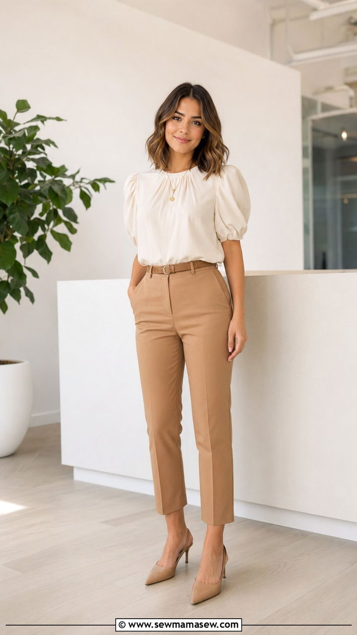 Cropped Trousers With A Puff Sleeve Blouse - 30 Work outfits for petite women
