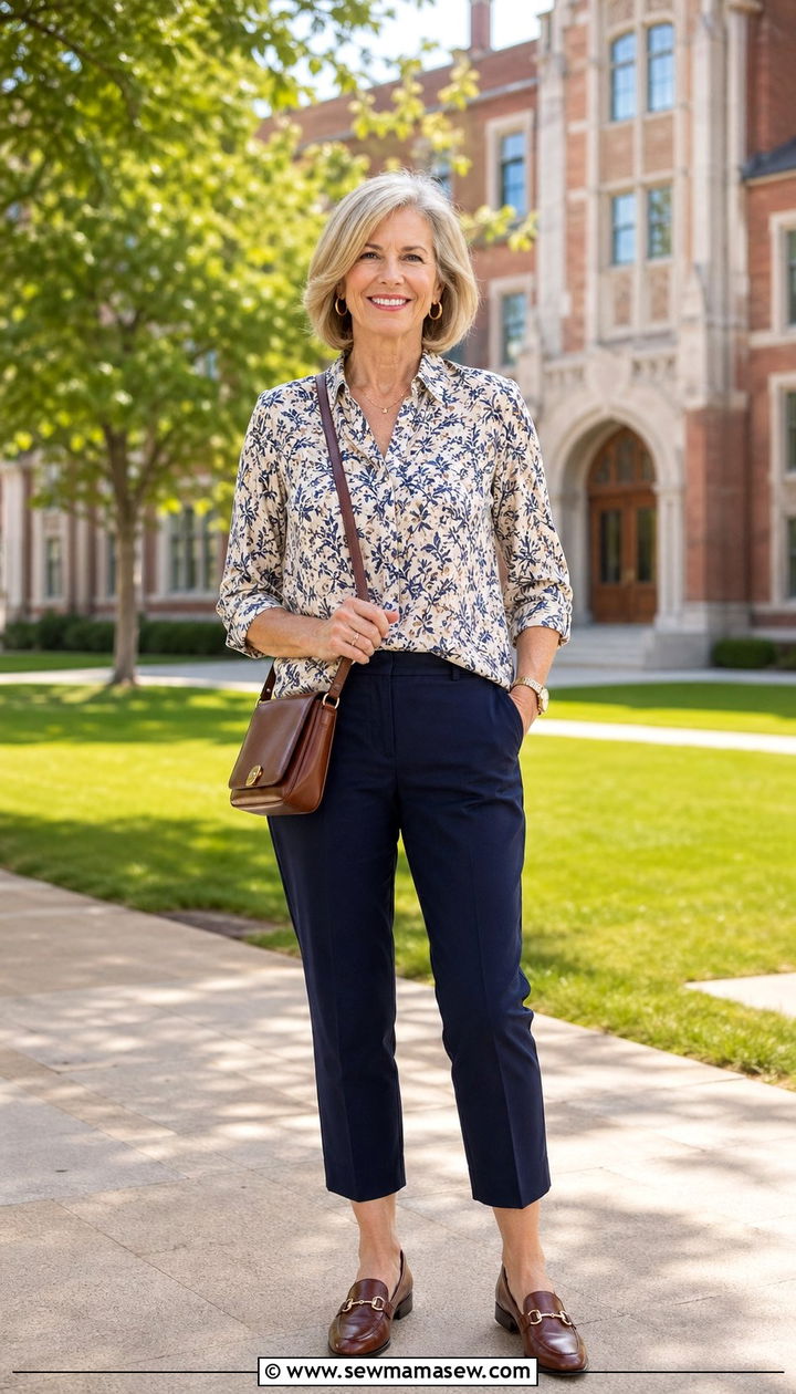 Cropped Trousers With Printed Blouse And Loafers - 35 Graduation outfits for women over 50
