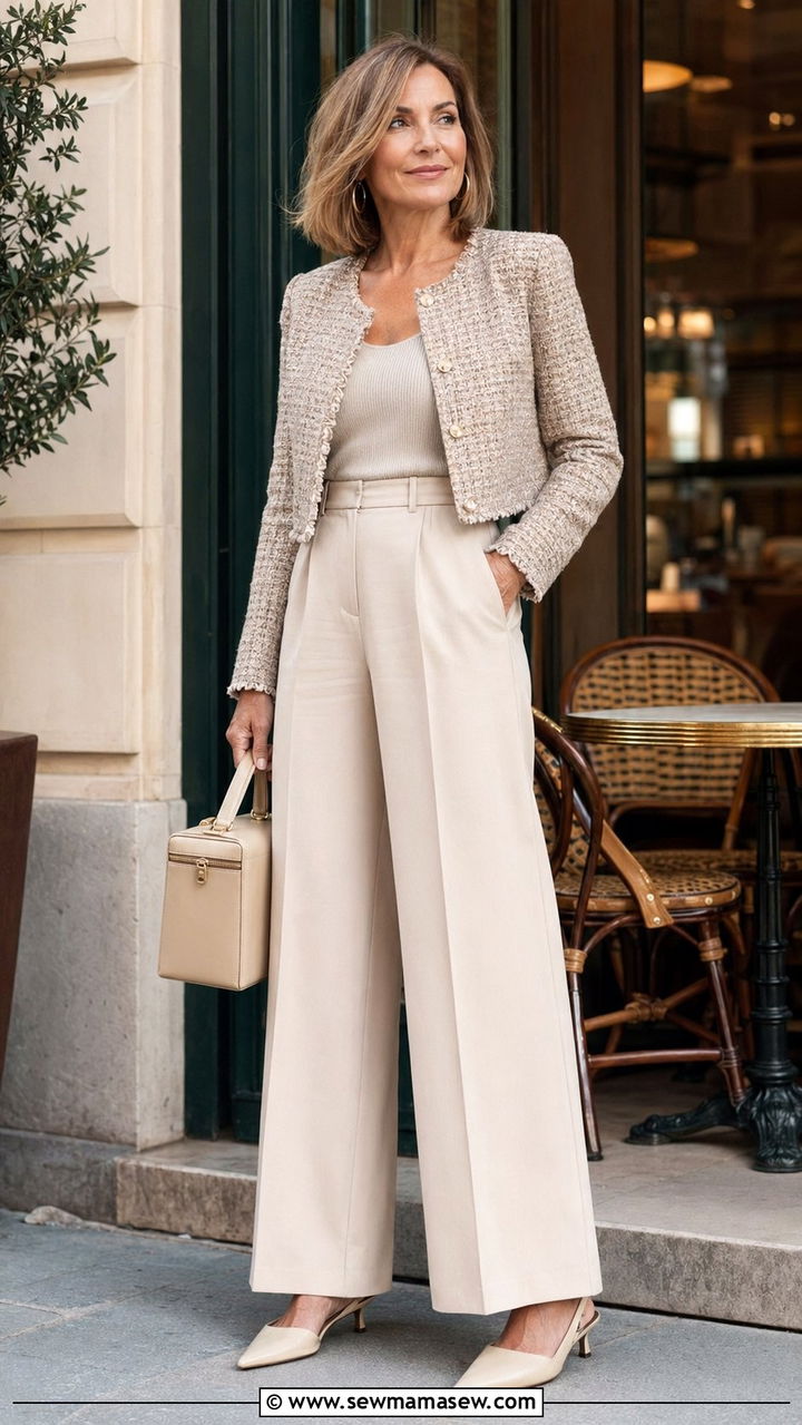 Cropped Tweed Blazer With High Waisted Wide Leg Trousers - 30 Best blazers for women over 40