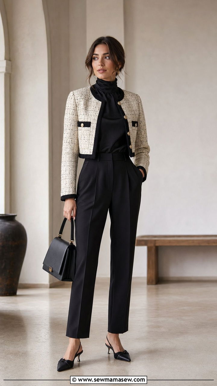 Cropped Tweed Jacket and High Waisted Black Trousers - 35 Quiet luxury work outfits