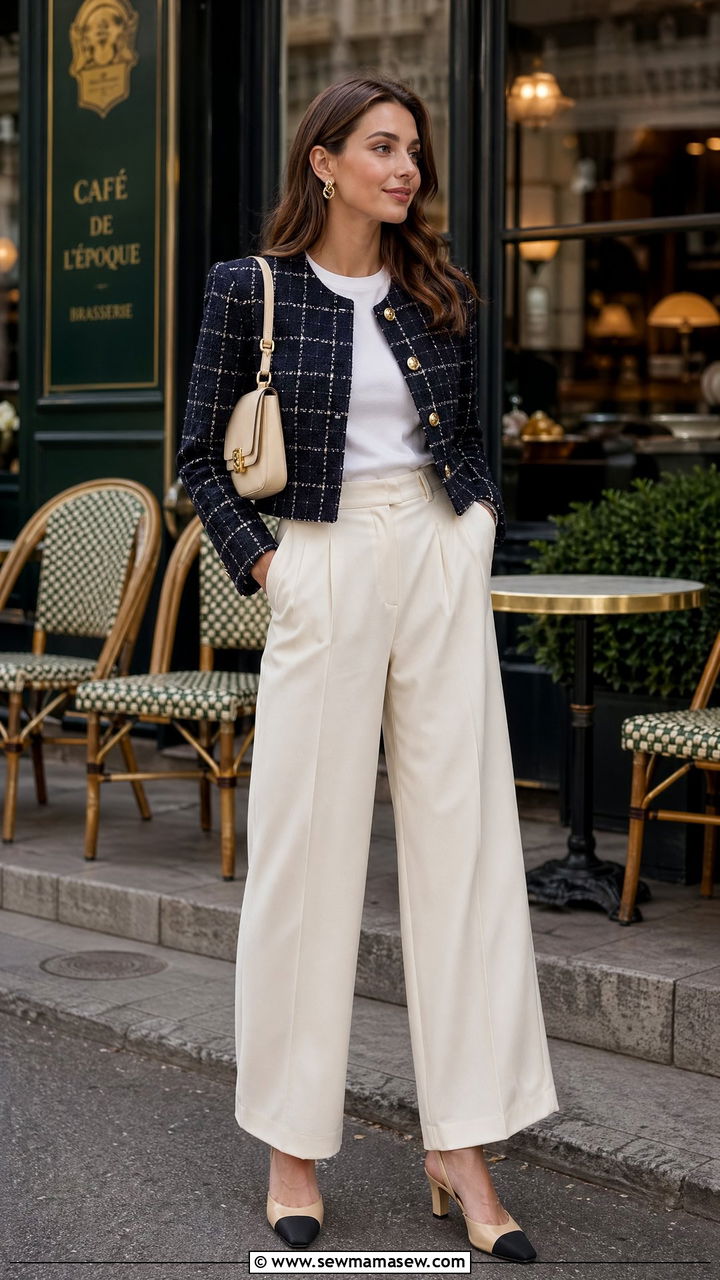 Cropped Tweed Jacket with Wide Leg Cream Trousers - 35 classy old money outfit ideas