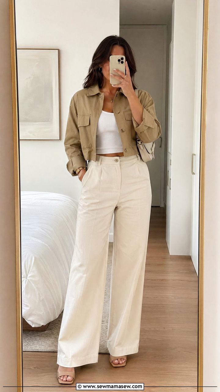 Cropped Utility Jacket With High Waisted Wide Leg Pants - 35 Utility jacket outfit ideas