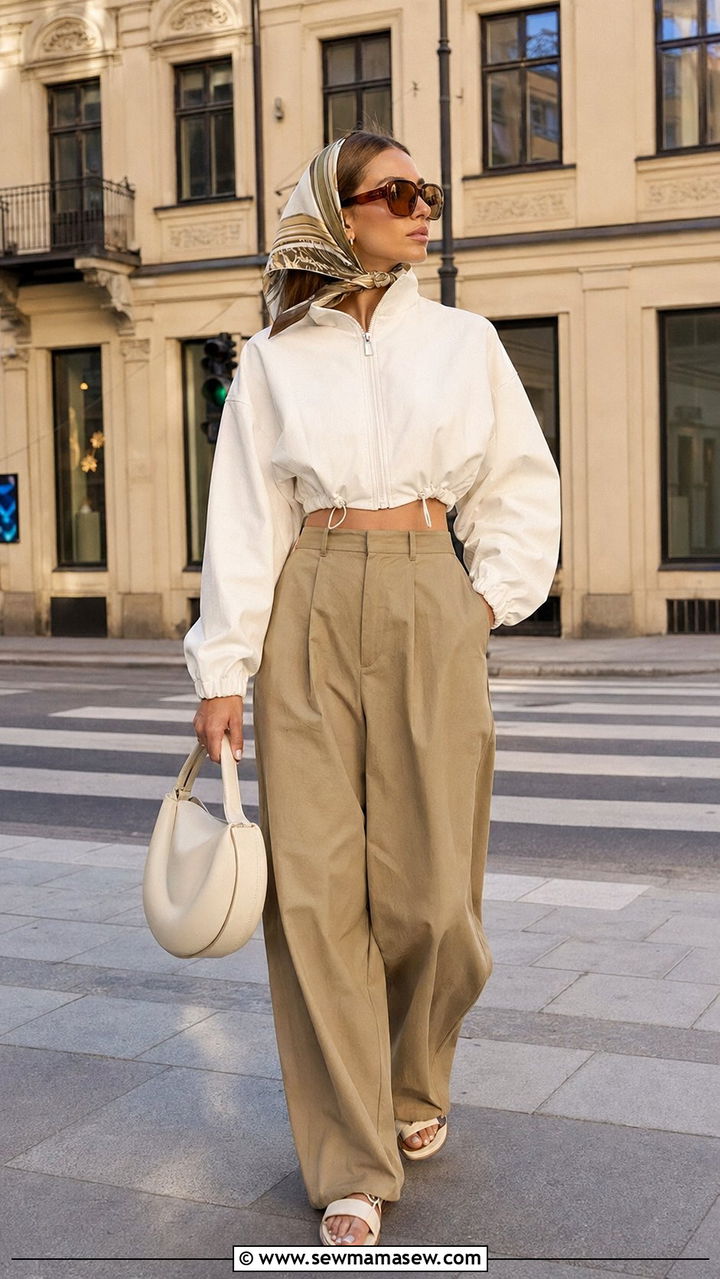 Cropped White Windbreaker with Khaki Wide Leg Trousers Outfit - 35 Scandinavian outfit ideas