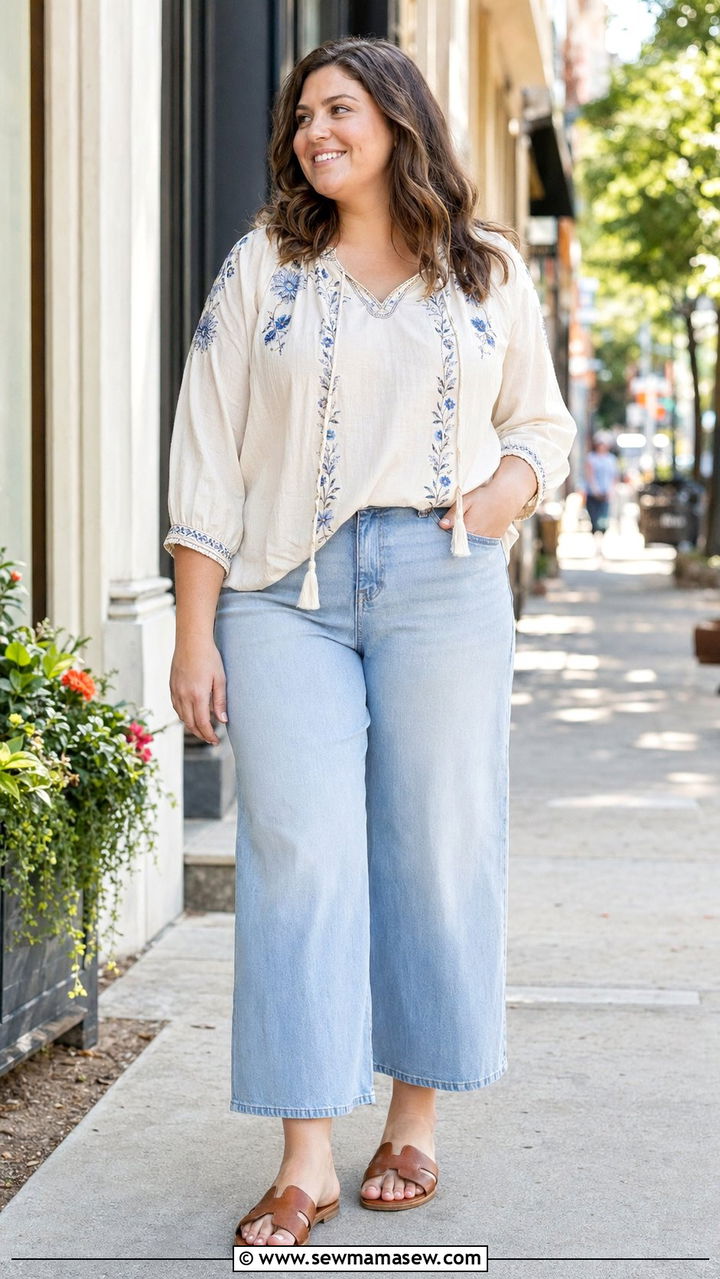 Cropped Wide Leg Jeans And Breezy Blouse Summer Outfit - 35 Plus size outfit ideas size 20 summer