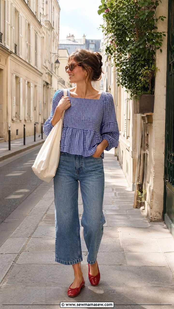 Cropped Wide Leg Jeans With Gingham Top And Red Ballet Flats - 35 spring parisian outfits