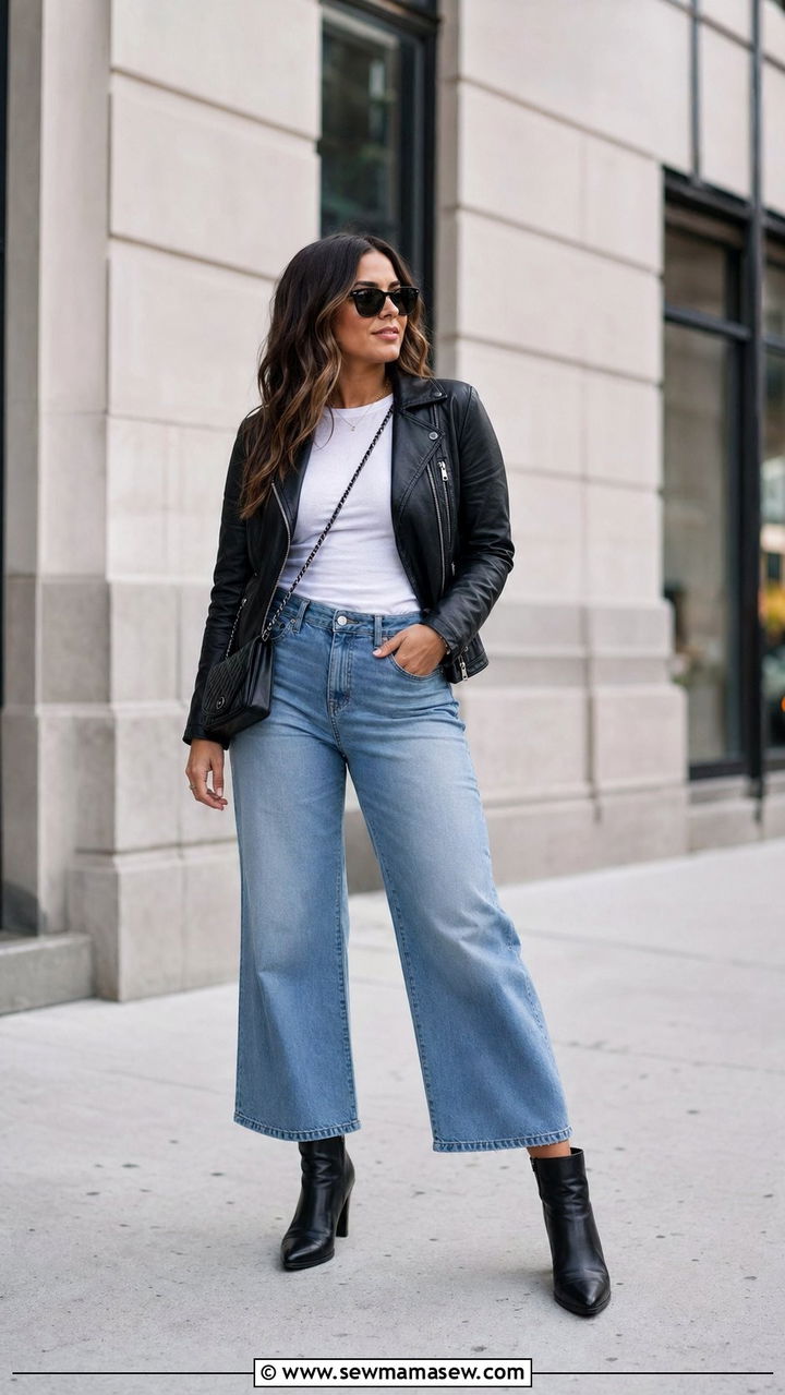 Cropped Wide Leg Jeans With Moto Jacket - 30 Best pants for curvy women
