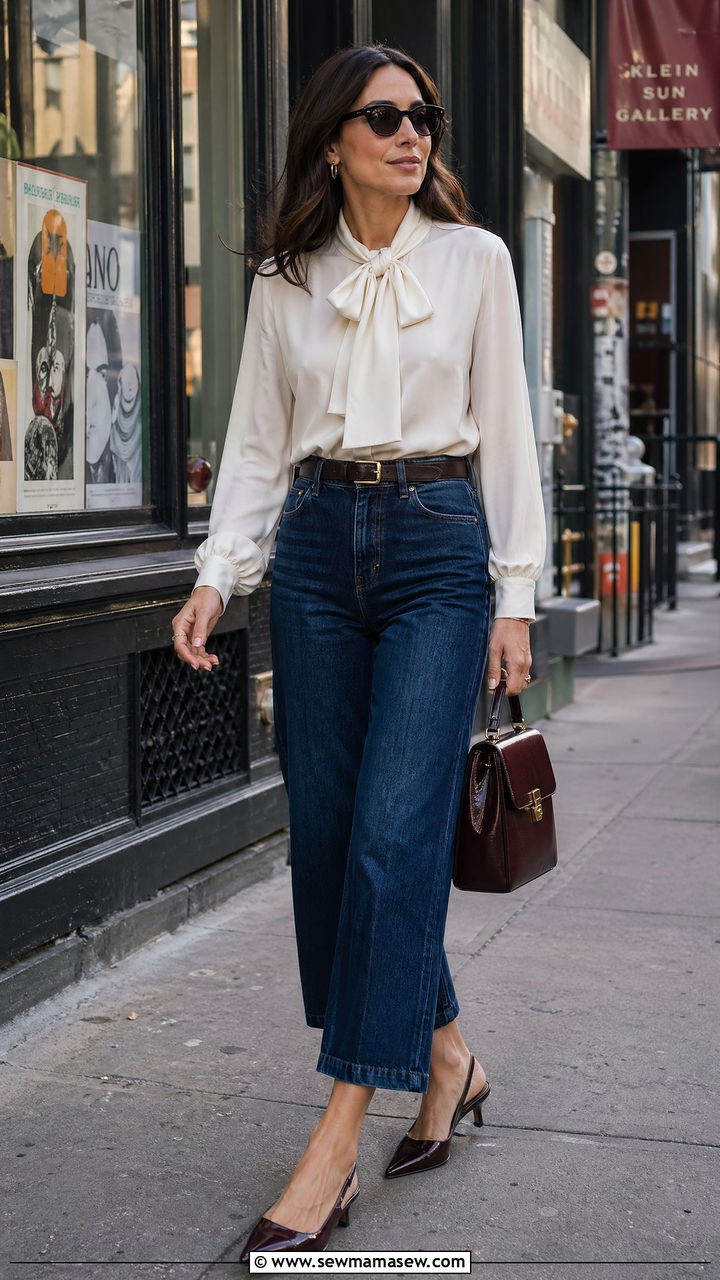 Cropped Wide Leg Jeans With Pussybow Blouse Outfit - 35 College reunion outfit ideas