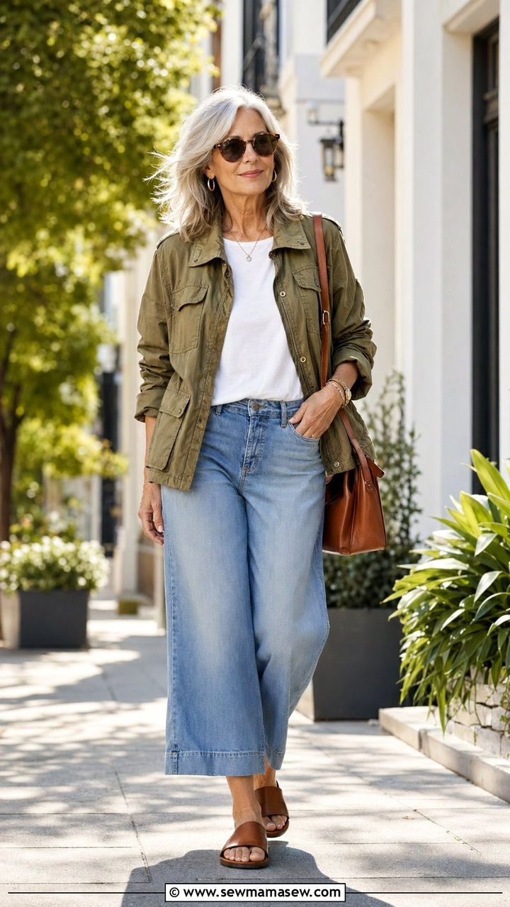 Cropped Wide Leg Jeans With Utility Jacket And Slides - 30 Best jeans for women over 60