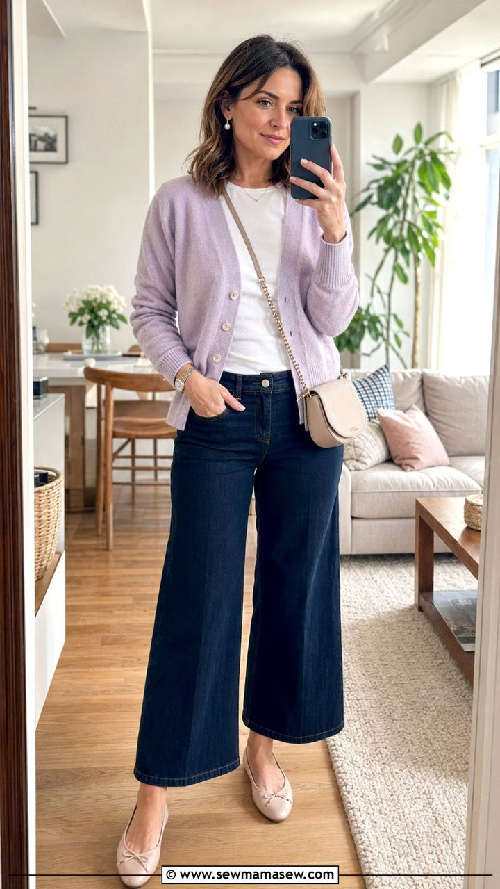 Cropped Wide Leg Jeans with Ballet Flats and Cardigan - 35 outfit ideas for women over 30