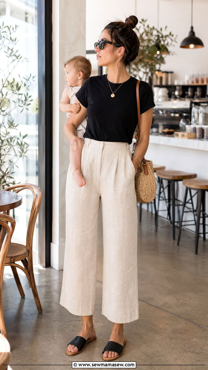 Cropped Wide Leg Pants with Black Tee Outfit - 35 Summer outfits for busy moms