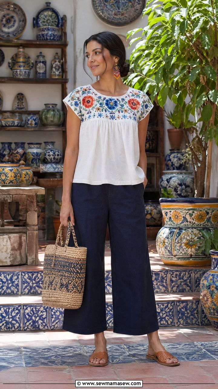 Cropped Wide Leg Pants with Embroidered Blouse Mexico Summer Outfit - 35 Summer Mexico outfit ideas