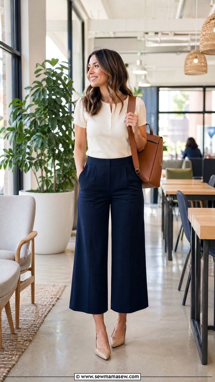 Cropped Wide Leg Trousers With Fitted Blouse - 35 Summer outfits for working moms