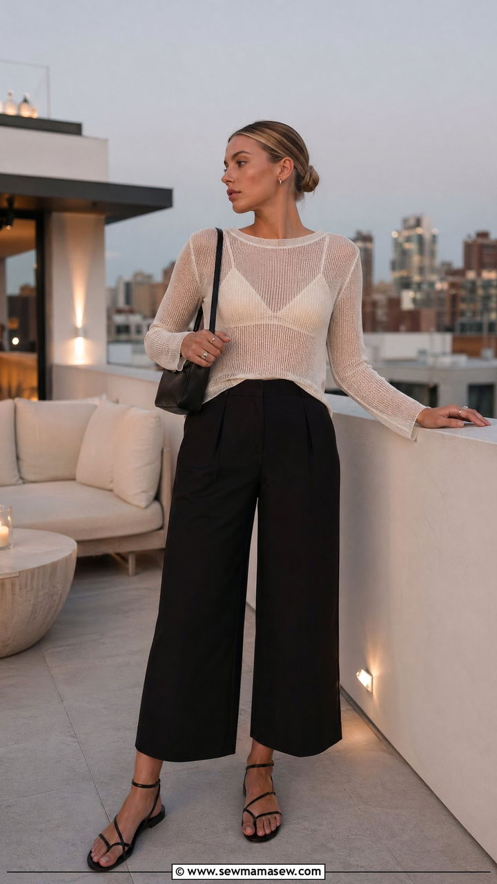Cropped Wide Leg Trousers and Mesh Top Scandi Summer Outfit - 35 summer scandinavian outfit ideas