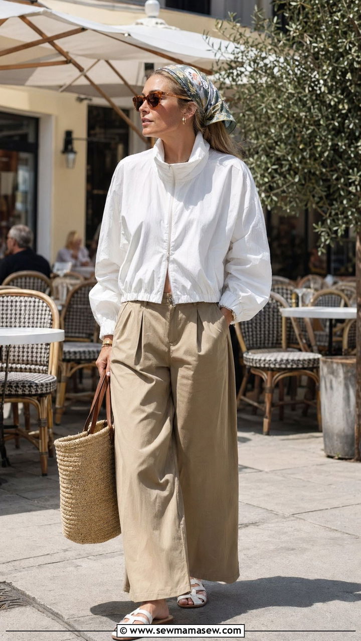 Cropped Windbreaker and Khaki Wide Leg Pants Outfit - 35 scandinavian outfits for women