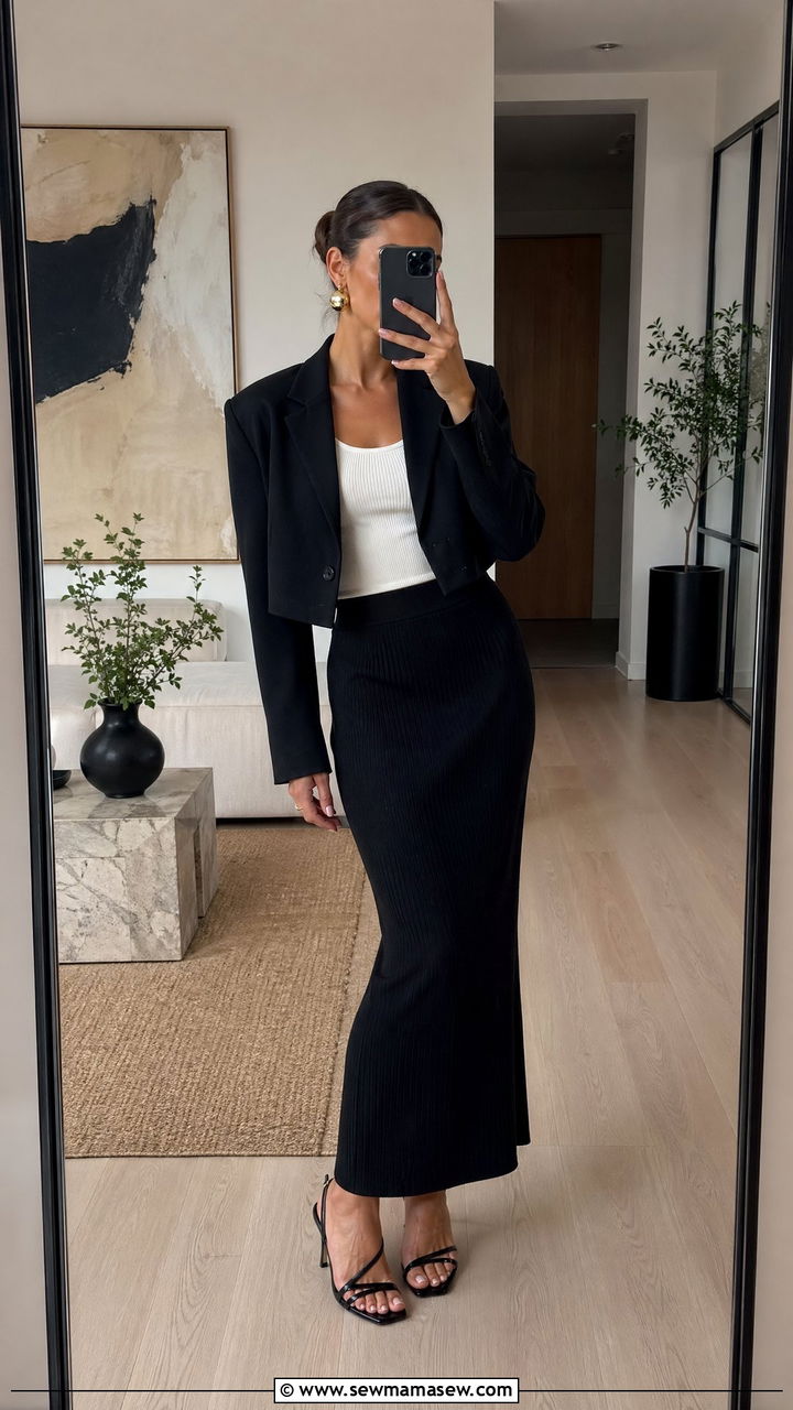Cropped Wool Blazer Over Ribbed Knit Maxi Skirt - 35 Uptown girl outfit ideas