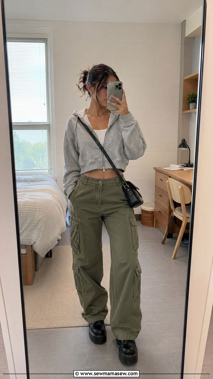 Cropped Zip Hoodie With Cargo Pants - 35 college outfits 2026