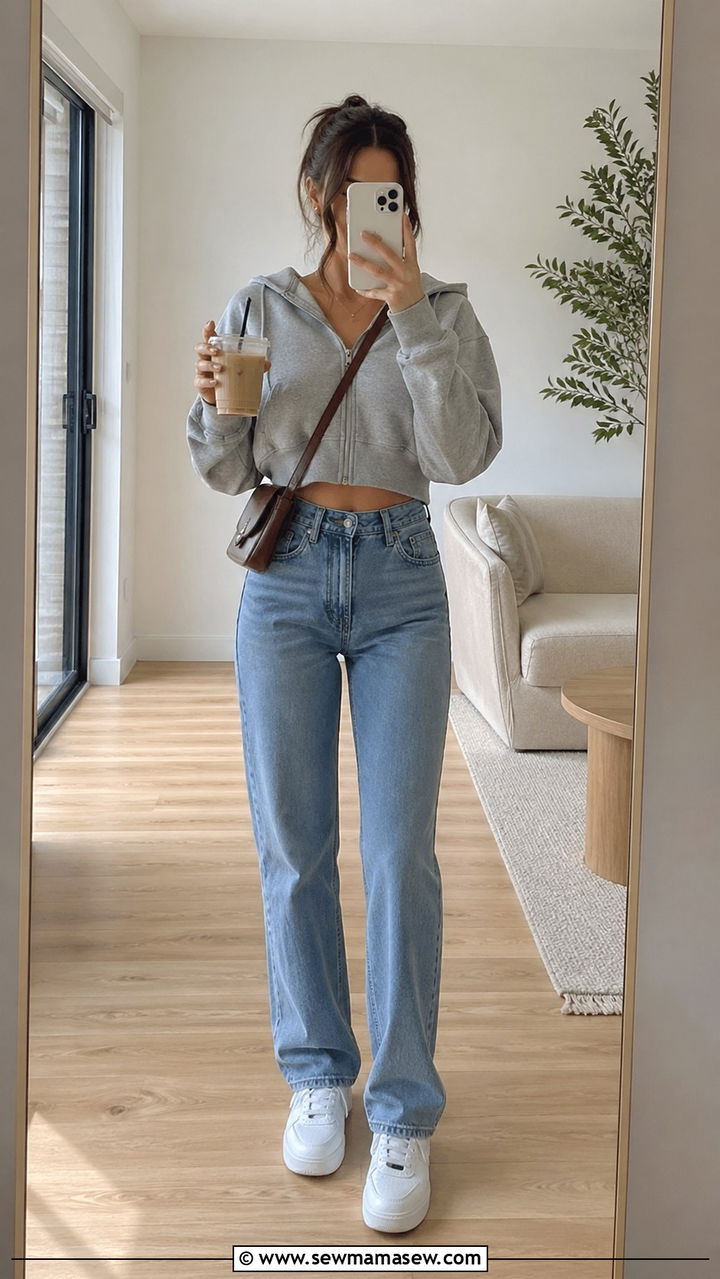 Cropped Zip Hoodie With High Rise Straight Leg Jeans And Court Sneakers - 30 sporty chic capsule wardrobe outfits