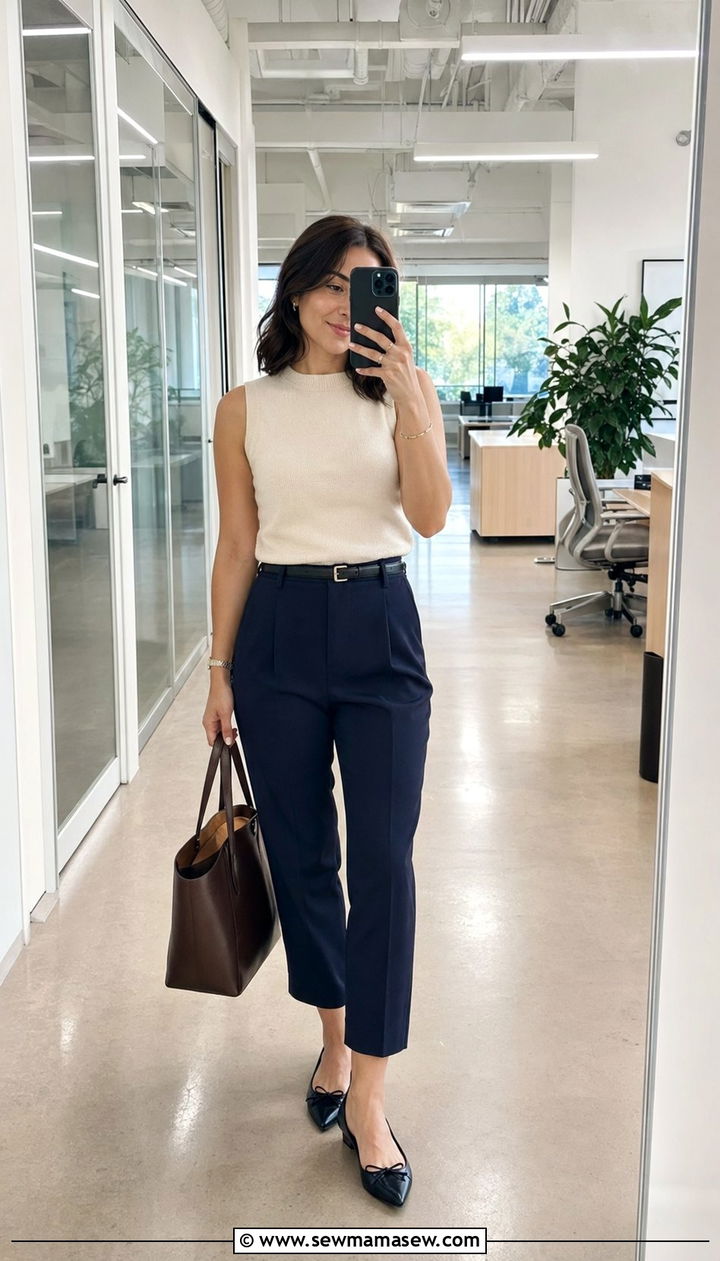 Cropped ankle trousers with a tucked knit shell - 30 work outfits for short women