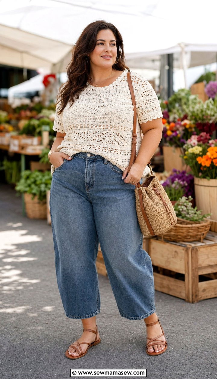 Cropped barrel jeans with a crochet knit top and flat strappy sandals - 30 Best jeans for plus size