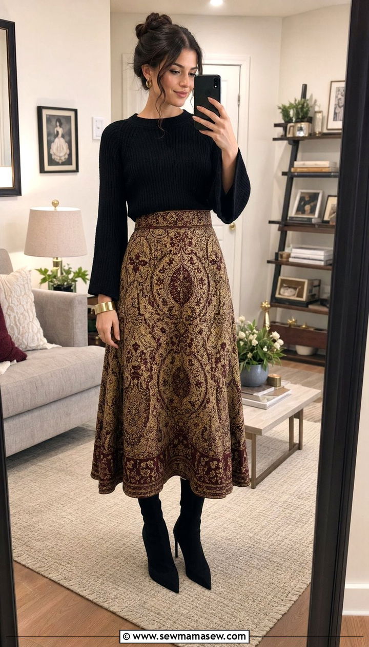 Cropped black sweater with a high waisted patterned midi skirt - 30 Whimsigoth outfit ideas