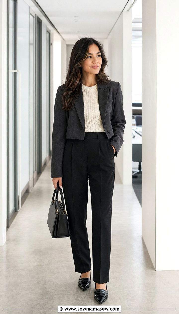 Cropped blazer with high waisted tailored trousers - 30 work outfits for short women
