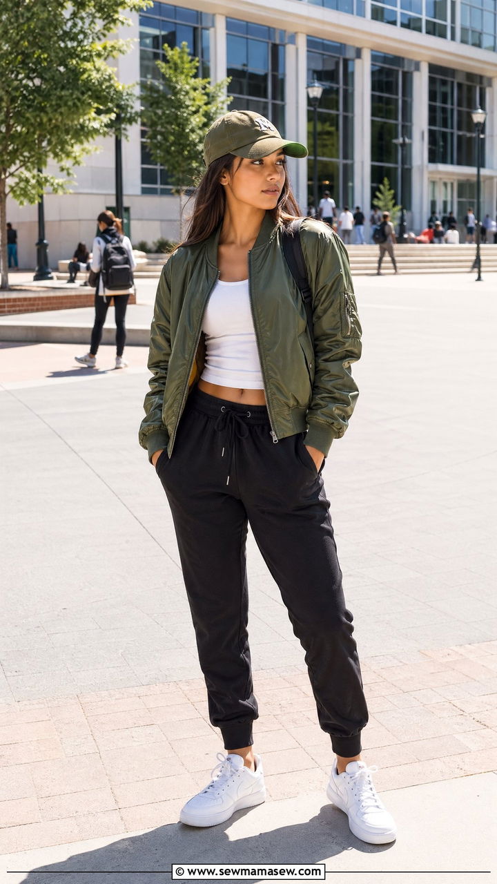 Cropped bomber jacket and joggers outfit - 35 College campus outfit ideas