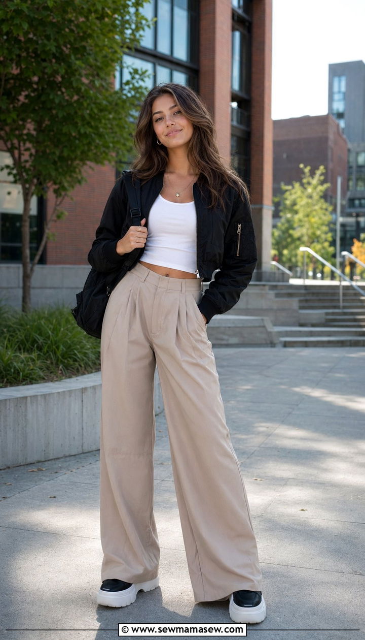 Cropped bomber jacket with high waist trousers outfit - 30 back to school outfits for women