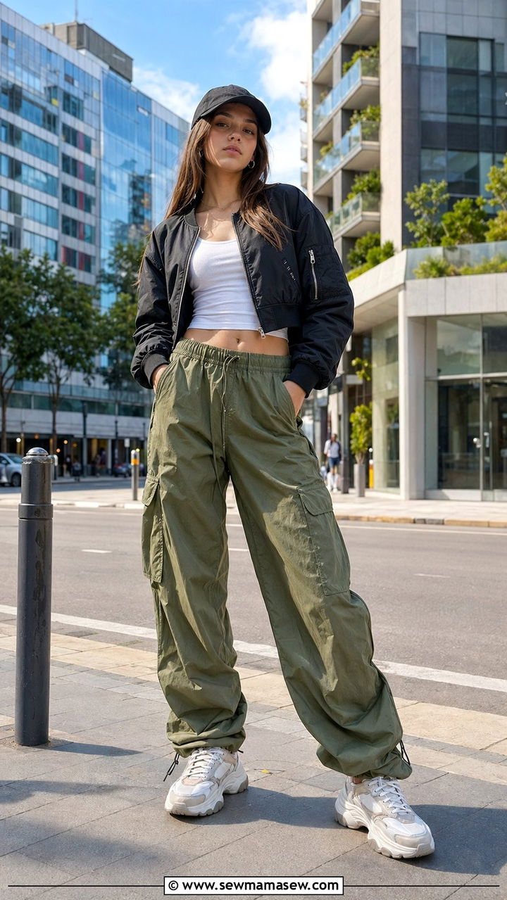 Cropped bomber jacket with parachute pants - 35 Outfit ideas for teens