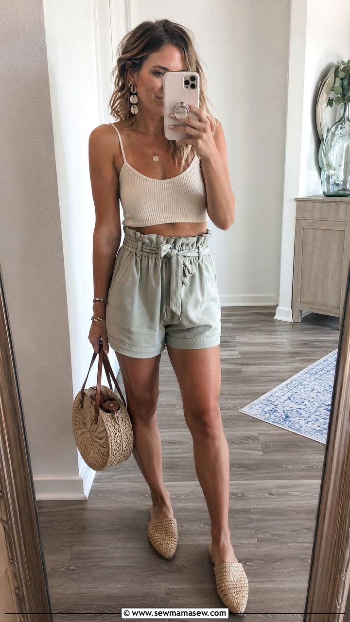 Cropped cami and paperbag shorts outfit - 35 summer vacation outfit ideas