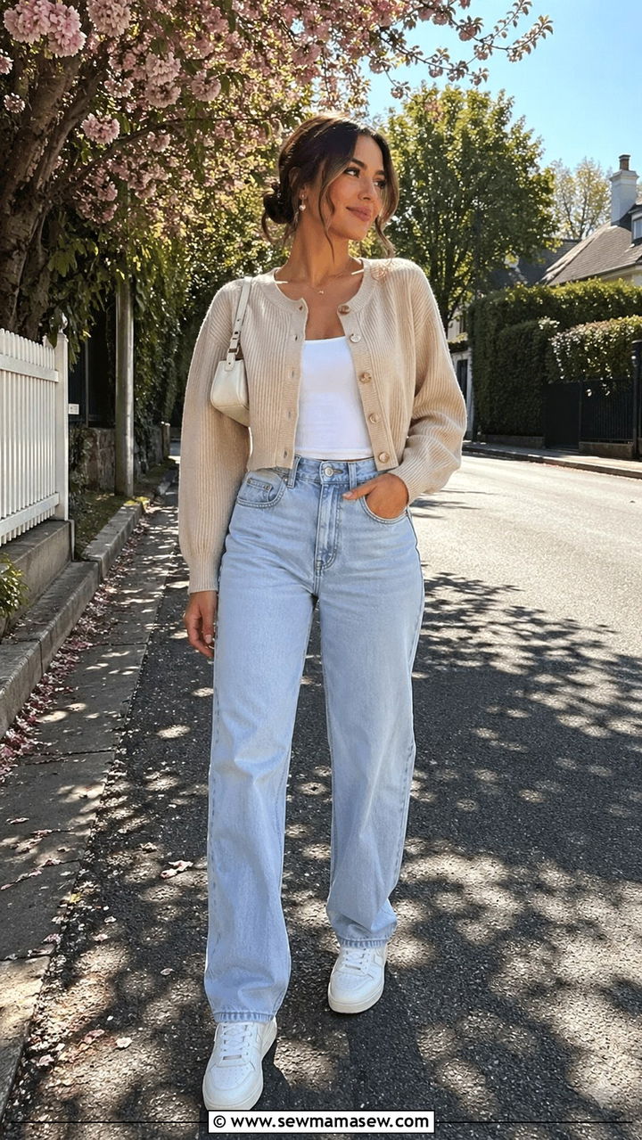 Cropped cardigan and high waist jeans spring capsule outfit - 30 spring capsule wardrobe outfits