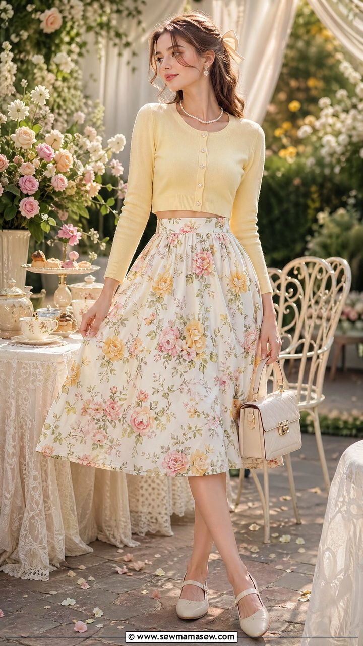 Cropped cardigan and high waisted A line skirt - 35 spring romantic outfit ideas