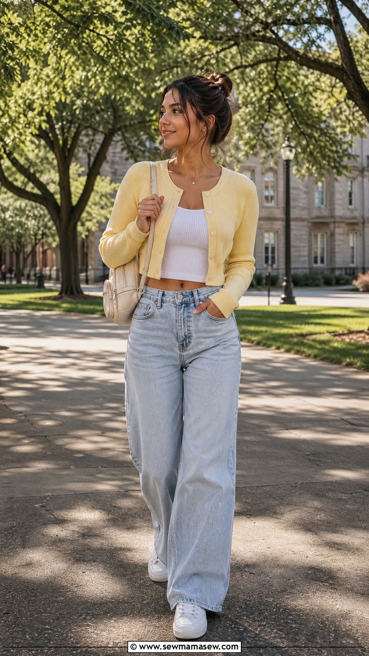 Cropped cardigan and high waisted wide leg jeans outfit - 35 College campus outfit ideas